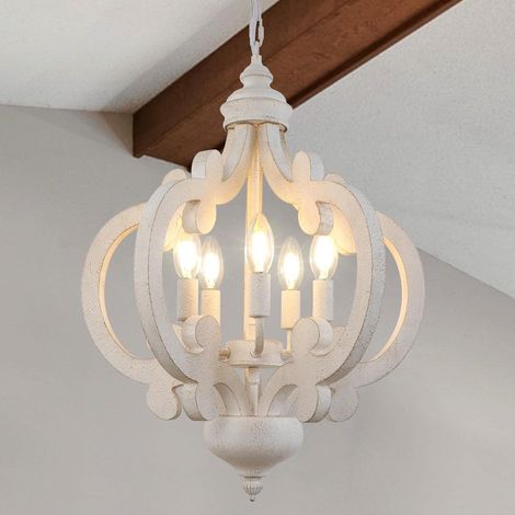 1 Lustre Suspension Bois Fer 5 Lumières Blanc Vieilli Hauteur Réglable Intérieur Salle à Manger (1/5)
