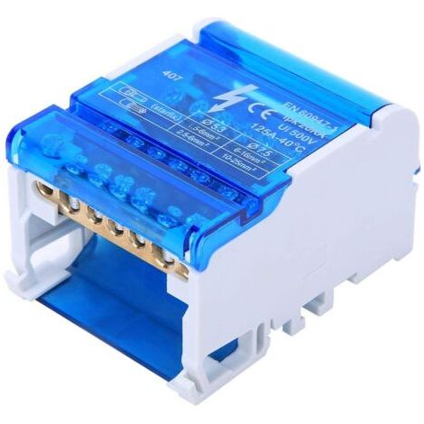 Boîte de distribution bornier 4 niveaux 407 – 4 entrées 24 sorties – Courant 125A – Tension 500V – Boîtier ignifuge transparent (1/4)