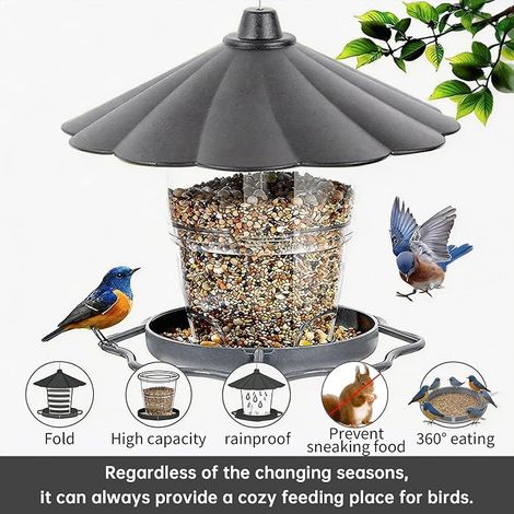 Mangeoire à oiseaux pliable à suspendre, résistante aux intempéries avec grande capacité, mangeoire transparente pour oiseaux sauvages, en plastique pour jardin, balcon (1/4)