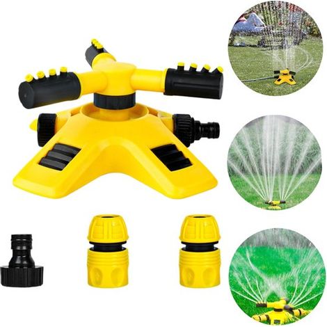 Aspersor de jardín, Aspersor automático, Giratorio 360°, 3 brazos rociadores ajustables, jardines, huertos y viveros (20,5 x 18 cm, Amarillo)