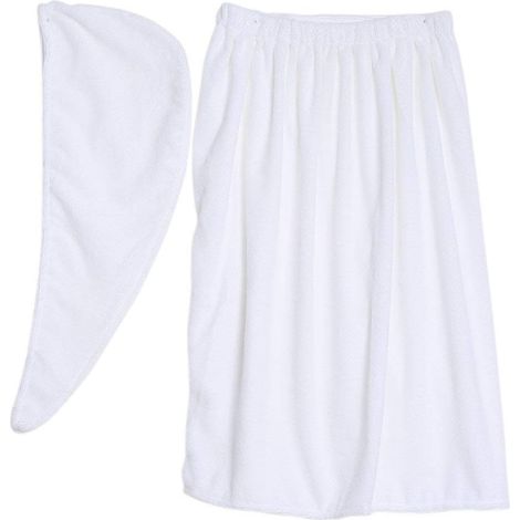 Kilt sauna pour femme, sarong-kit doux et confortable avec fermeture velcro et serviette de spa pour les cheveux en coton biologique 150 x 90 cm, Weiss