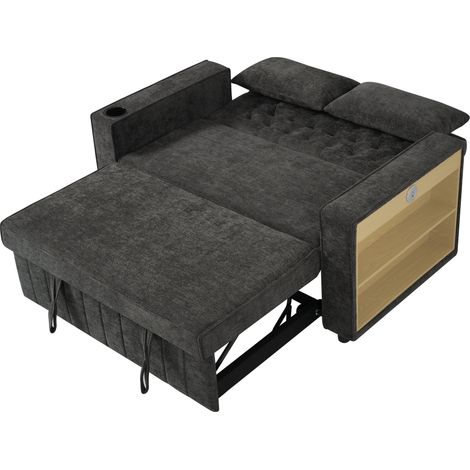 Sofá Cama 2 Plazas con Respaldo Regulable, Portavasos, Estante para Libros y 2 Cojines, Chenille Gris (1/5)