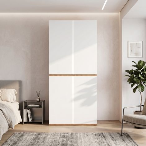 Armoire de chambre 90 x 50 x 200 cm, dressing de rangement avec penderie et tiroir à bijoux, 4 portes 3 tiroirs, MDF style moderne scandinave, Blanc (1/5)