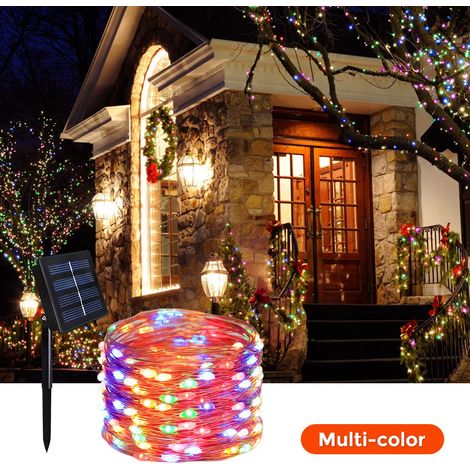 (RGB, 22 m 200 LED) Guirlande lumineuse solaire extérieure à deux brins, fil de cuivre, étanche, allumage automatique. (1/4)