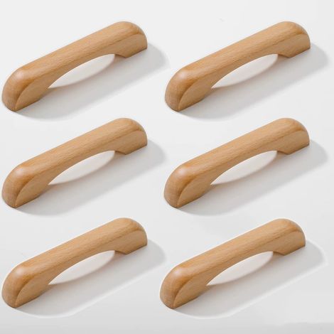 6 poignées de meuble cuisine en bois, poignées de tiroir arquées avec vis, 96mm pour placards et tiroirs (1/5)