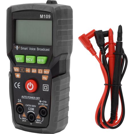 Tragbares Digitalmultimeter mit englischer Sprachausgabe, hintergrundbeleuchtetem Display, Taschenlampe, NCV-Erkennung, AC/DC-Messung, Schwarz