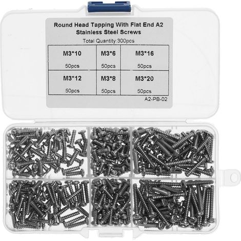300Pcs M3 Screw Assortment Kit 304 Stainless Steel Cross Flat End Self Tapping Screws Fastener (1/5)