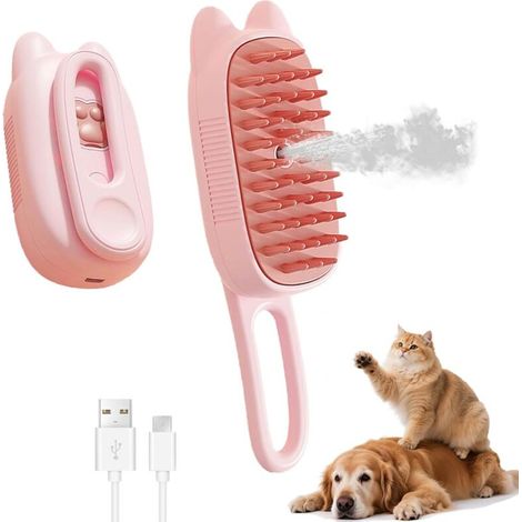 Brosse vapeur 4 en 1 pour chats et chiens, rechargeable, antistatique, avec spray démêlant et peigne pour animaux.(rose) (1/5)