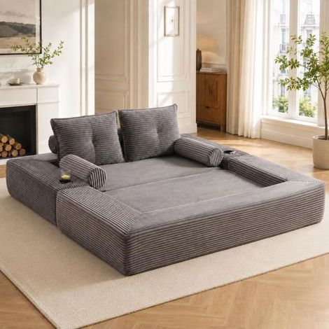 Canapé Convertible 180x98x80cm Velours Côtelé Gris Foncé 2 Places - Canapé-Lit - Mousse Haute Densité, Porte-gobelet, 2 Coussins (1/5)