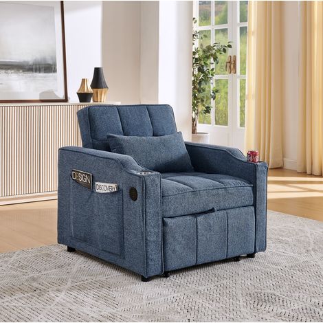 Sillón cama 3 en 1 azul marino con USB-C, portavasos y respaldo reclinable (1/5)