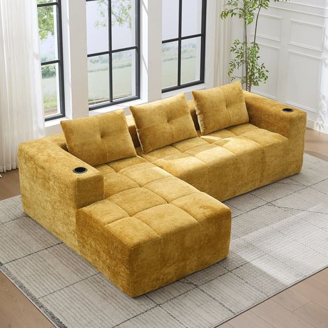 Canapé d'angle L 258 cm, Canapé de compression sans cadre, 3 coussins, tissu chenille, design minimaliste, Jaune