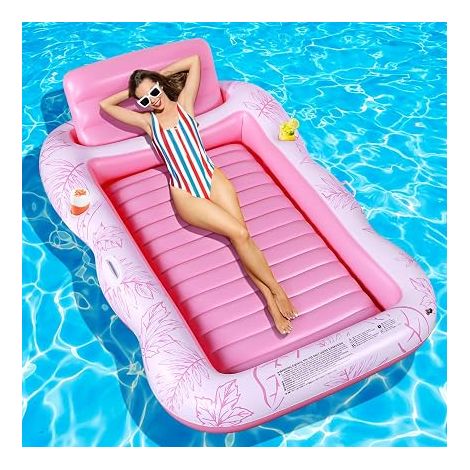 Charmofun Matelas Gonflable Piscine, Gonflable Tanning Pool Flotteur de Piscine pour Adultes pour Bain de Soleil, Piscine Gonflable Hamac avec Porte-gobelet, Piscine Bronzage pour Adultes (Rose)