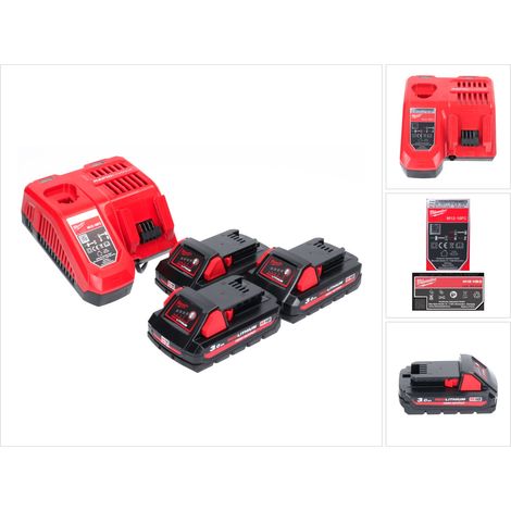 Milwaukee Set M18 NRG-301 High Output 3x Batterie 3,0Ah 18V Li-Ion ( 3x 4932471069) + Caricabatterie M12-18FC (4932451079)