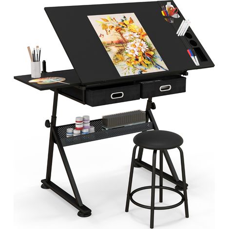 Scrivania inclinabile e impermeabile con cassetti in MDF sgabello, Tavolo da disegno 119x60x73,5-98cm Nero (1/5)