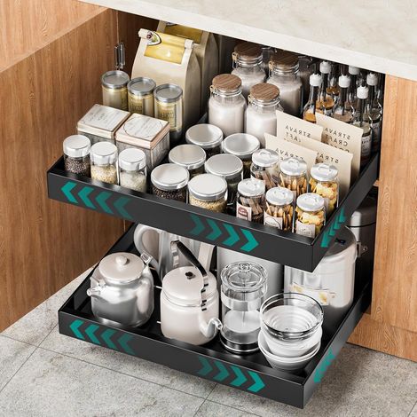 Étagère Coulissante Extensible pour Placard – Tiroir Coulissant de Cuisine Ajustable en Largeur, Rangement Garde-Manger, Panier Métallique (2 pièces, Noir) Noir 2 × largeur (1/5)