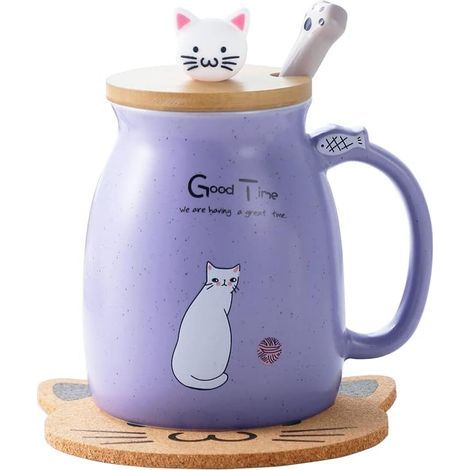 Katzenbecher, hübsche Keramik-Kaffeetasse mit Kätzchendeckel, pfotenförmiger Löffel, Kawaii-Untersetzer, lila Weihnachtsset. (1/5)