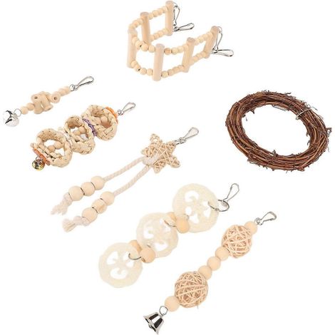 Lot de 7 jouets à mâcher pour perroquets : balançoire, rondins de rotin, feuilles de maïs, luffa, anneaux à mâcher. (1/3)