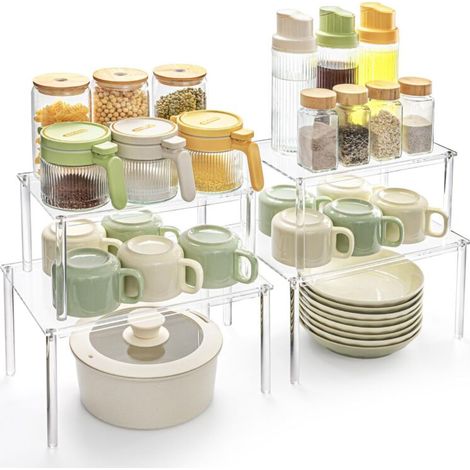 Lot de 4 étagères de rangement pour placard de cuisine, étagère de cuisine, porte-épices empilable, petite étagère, porte-tasses (1/5)