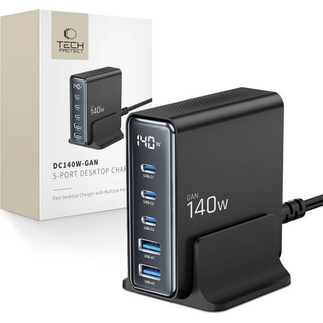Stazione di ricarica per dispositivi con display 3x USB-C 2x USB-A GaN 140W - nera (1/5)