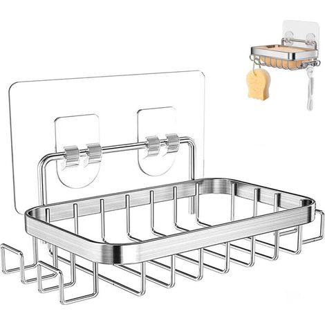 Adhesif Porte Savon INOX avec 4 Crochets,Carré Porte-Savon Douche,Porte Savon Mural sans Percage,Autoadhésif Support Savon Eponge en Acier Inoxydable pour Salle de Bain,Cuisine, Douche, Lavabo (1/4)