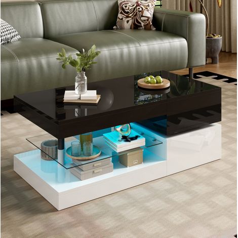 Table basse LED moderne 90x45x35,5 cm, avec étagère en verre, noir et blanc, REDOM (1/5)