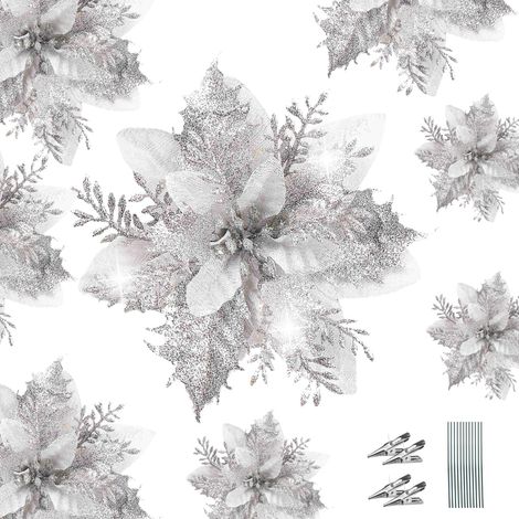Lot de 12 fleurs artificielles de poinsettia à paillettes pour sapin de Noël avec 12 tiges et clips, décoration de sapin de Noël pour mariage, nouvel an, guirlande de Noël (Argent) (1/5)