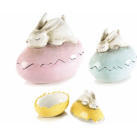 Contenitore per alimenti / dolci a forma di uovo di Pasqua in ceramica con coniglio decorativo addormentato su coperchio, Grande: cm 18 x 11 x 16 H
