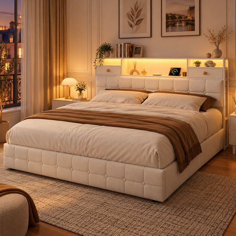 Lit Coffre 160x200 avec 4 Tiroirs, Lit double avec LED et Port USB, Tête de Lit avec 2 Tiroirs et Étagère de Rangement,Velours Beige (1/5)