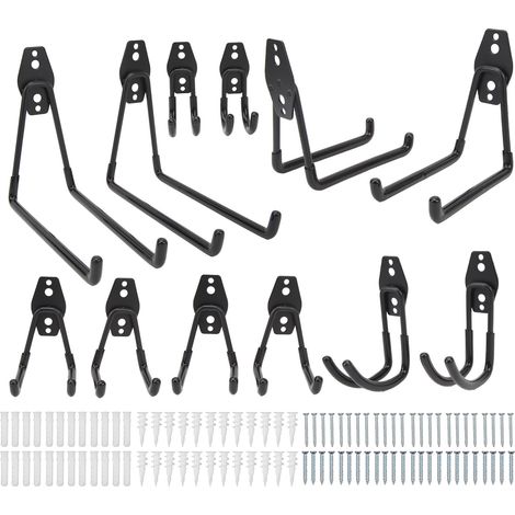 Crochets de garage robustes en métal antidérapants, crochets muraux pour outils électriques, échelles, articles en vrac, lot de 12 pièces noirs (1/5)