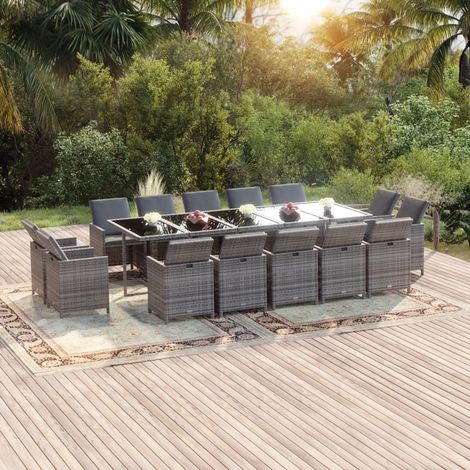 Ensemble Table et Chaise de Jardin 15 pcs - Ensemble à dîner de jardin coussins Résine tressée Gris BV792708 - BonneVie (1/5)