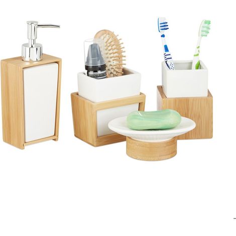 Relaxdays Accessoires salle de bain bambou céramique Set 4 pièces distributeur savon gobelet brosse à dent, nature blanc (1/4)