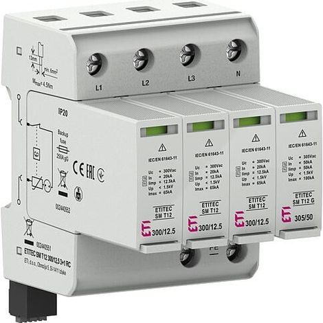 Parafoudre combiné ETI ETITEC SM T12 300/12,5 3+1 RC, AMD