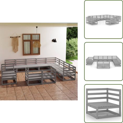 The Living Store 12-tlg. Garten-Lounge-Set Grau Kiefer Massivholz - Gartensofa - Lounge Set - Gartenmöbeln - Rattan Gartenmöbel - Outdoor Furniture