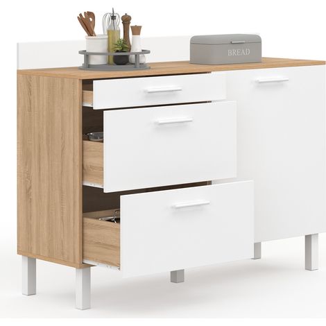 Küchenbuffet 120 cm Frontauszug CINA Arbeitsplatte H.83 cm 1 Tür + 3 Schubladen in Buchenholzoptik und Weiß (1/5)