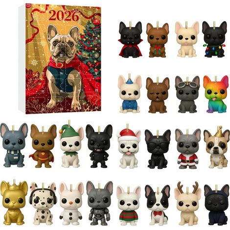 Adventskalender 2026 mit französischen Bulldoggen, 24-teilige 2D-Acryl-Hängedekorationen mit lustigen französischen Bulldoggen-Figuren, Weih