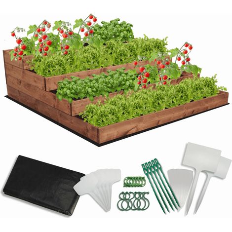 MODO24 Carré potager surélevé en bois, 4 niveaux en cascade, 36x117x120 cm, jardin/terrasse, kit jardinier inclus, brun imprégné