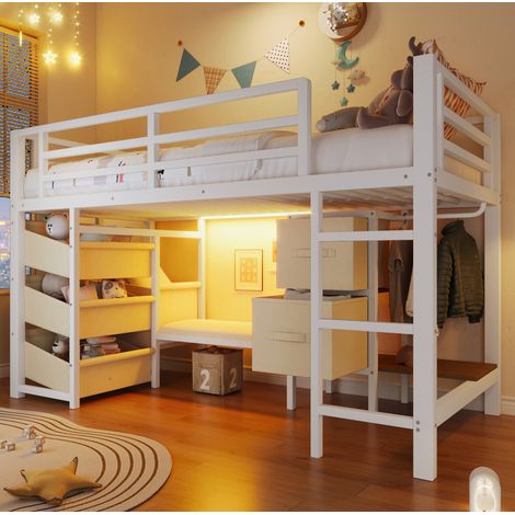 MEUBLIV Cama 90x200 cm blanca – LED, almacenamiento y gancho, sin colchón (1/5)