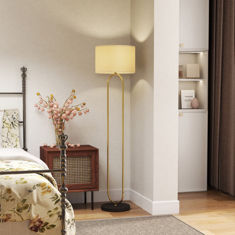 Lampadaire abat-jour en lin douille E27 style moderne interrupteur à pied pour salon et chambre 156 cm doré et noir