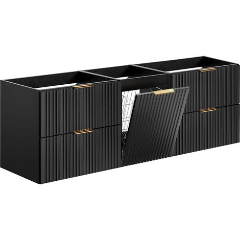 Furnidea - Meuble suspendu sous vasque avec panier à linge ADEL NOIR 160 cm - 4 tiroirs - Façades rainurées (1/5)