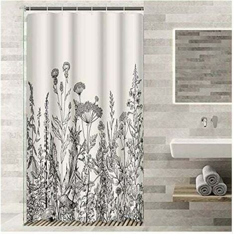 Duschvorhang „Camper Stall Floral Border“ (90 x 180 cm) mit Kräuter- und Wildblumenmuster, Vintage-Gravur, wasserdichtem Polyestergewebe, inklusive Haken