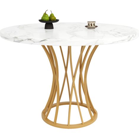 Table à manger ronde 80 x 80 x 76 cm, plateau MDF effet marbre, pieds métal doré réglables, pour salle à manger, salon ou bureau, design élégant - CHICFURN (1/5)