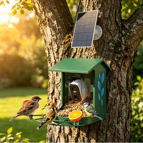 Comedero solar para pájaros con cámara 2K, 2,5 L, Wi‑Fi, IP65, DESVIAE (1/5)
