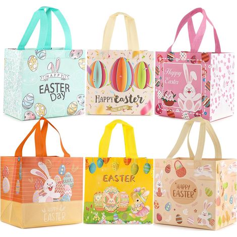 6 Sacs de chasse aux œufs, Poignées, Tissu non tissé, Réutilisables, Multicolore, Pour fête de Pâques (1/5)