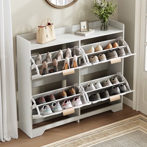 Scarpiera bianca design 3D - 105 cm - 4 ante a ribalta salvaspazio - Stile moderno con nicchia contenitore per ingresso stretto