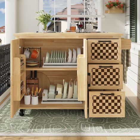 Îlot de cuisine roulant extensible 120x45(75)x92 cm, meuble buffet avec porte-serviettes, étagère, 2 portes et 3 tiroirs, motif damier imitation bois