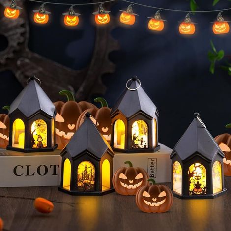 Lanterne Halloween, 4 Pcs Lanterne Exterieur, Deco Halloween avec 4 Différentes Expressions, lanterne bougie, Citrouille lanterne Halloween (1/5)