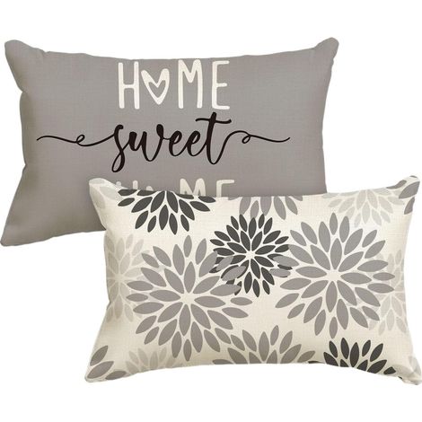 Lot de 2 housses de coussin décoratives pour canapé, salon, extérieur - 30 x 50 cm - Gris - Fleurs de dahlia (1/5)