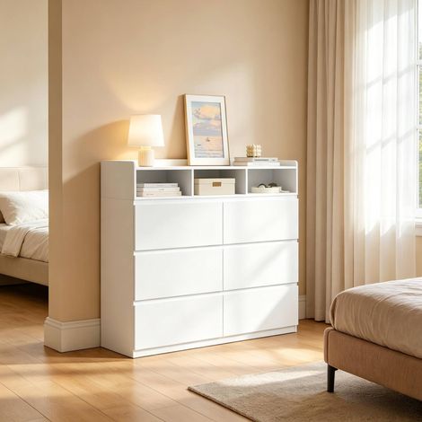 Commode blanche à 6 tiroirs et 3 niches ouvertes, meuble de rangement polyvalent 120x40x100 cm (1/5)