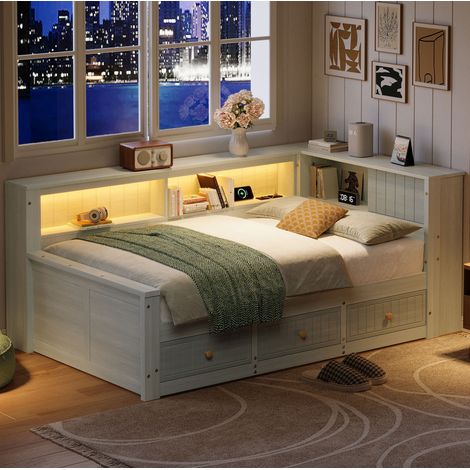 Cama dormitorio con cajones y estantes LED gris OKMYHOME (1/5)