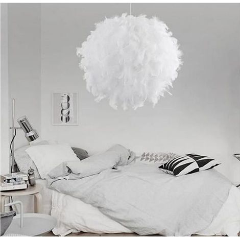 Lustre boule en plumes véritables - Cousues main - 33 cm - Blanc (1/4)